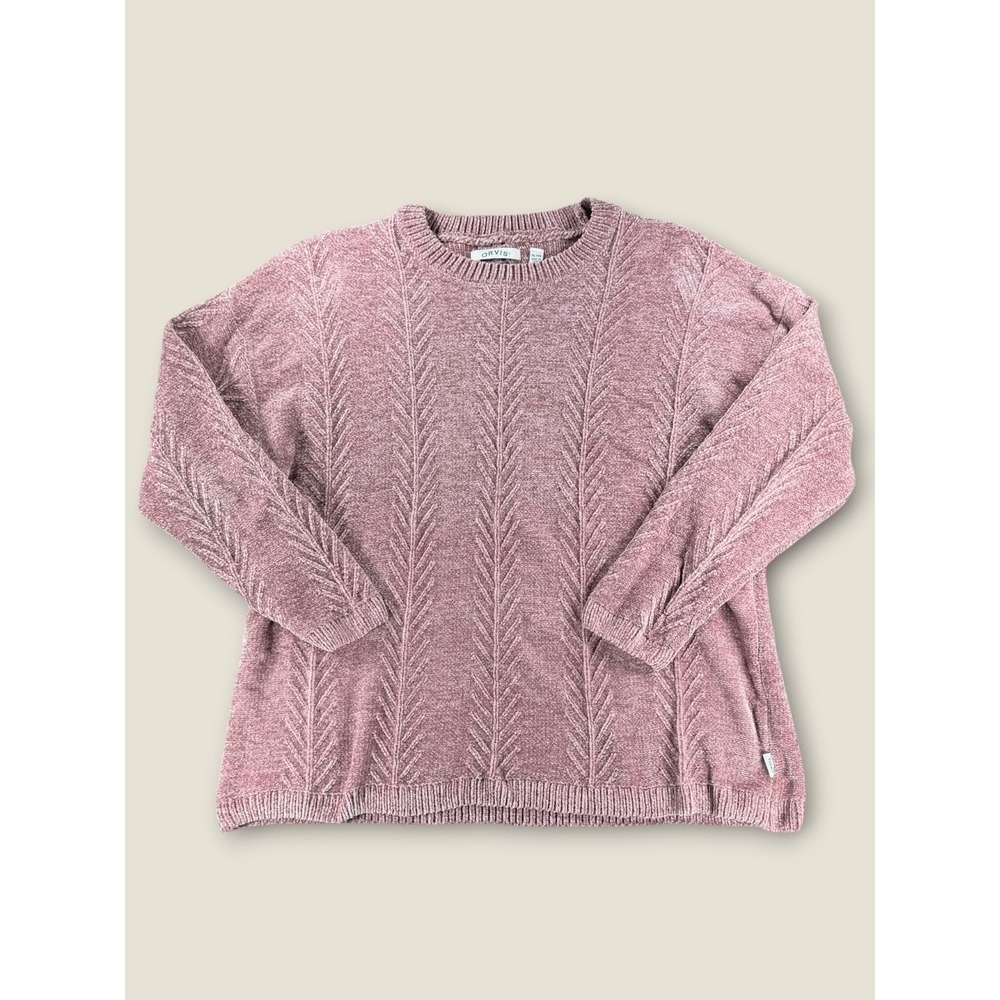 Orvis Womens XL Mauve Pink Chenille Cable Knit Chevron Crewneck Sweater Pullover
